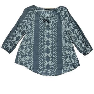 Gray White 3/4 Sleeve V-Neck Boho Blouse MEDIUM Top Bohemian Summer Fred David